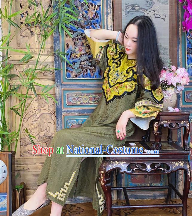 China Hand Embroidered Olive Green Silk Qipao Dress National Cheongsam Costume