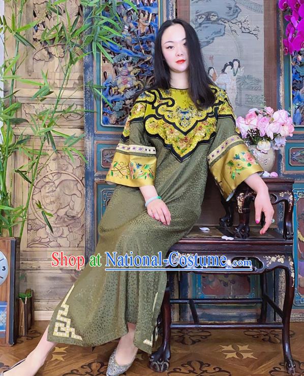 China Hand Embroidered Olive Green Silk Qipao Dress National Cheongsam Costume