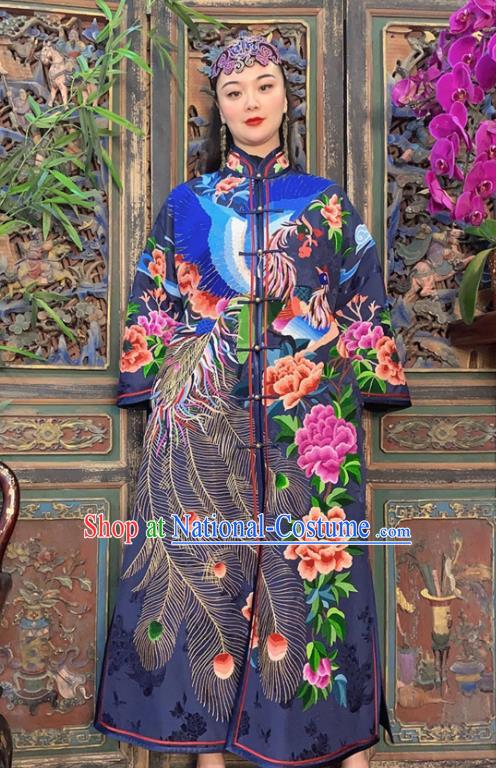 Chinese Embroidered Peacock Peony Navy Silk Dust Coat Traditional Embroidered Long Gown Clothing