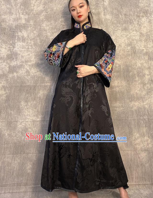 Chinese Traditional Women Clothing Long Gown Outer Garment Embroidered Black Silk Coat