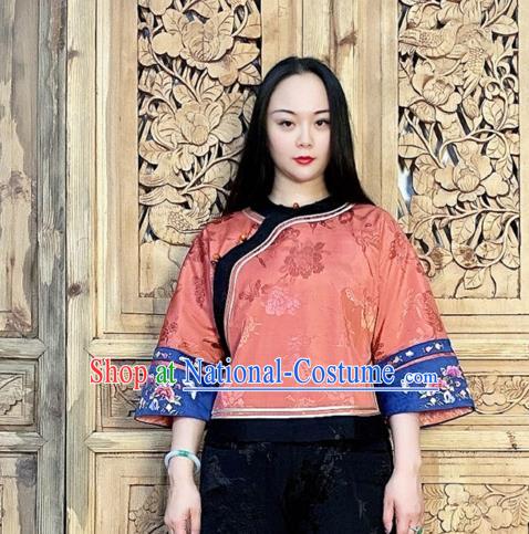 Chinese Tang Suit Upper Outer Garment Embroidered Cheongsam Shirt Traditional Light Red Silk Blouse