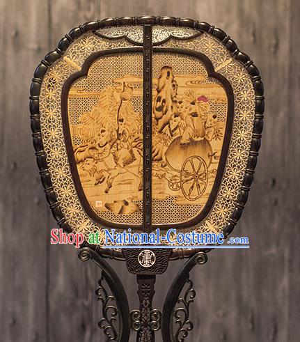 China Traditional Carving Wood Fan Classical Lucky Immortal Pattern Palace Fan Handmade Hollow Rosewood Fan