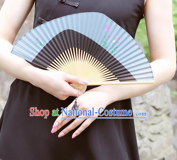 Chinese Handmade Tai Chi Folding Fan Printing Light Blue Silk Fan Traditional Kung Fu Accordion