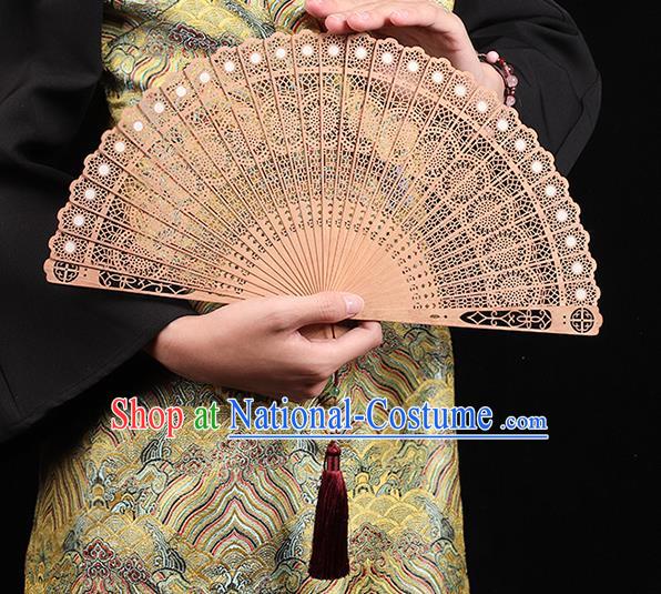 Chinese Handmade Sandalwood Fan Traditional Carving Peacock Feather Accordion Classical Folding Fan