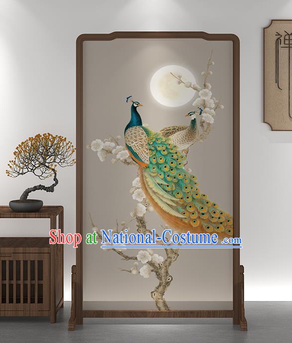 Chinese Handmade Wood Screen Printing Peacock Plum Folding Screen