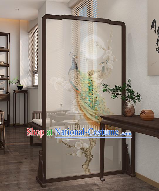 Chinese Handmade Wood Screen Printing Peacock Plum Folding Screen