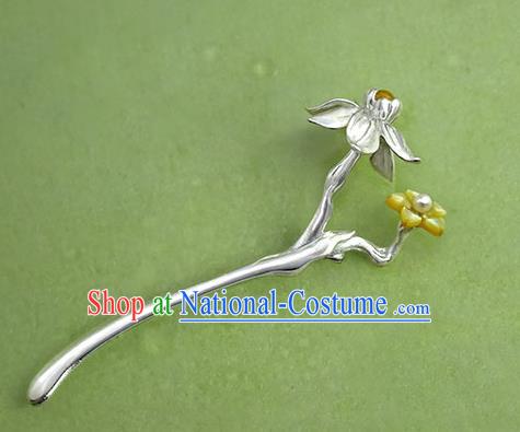 Chinese National Silver Daffodil Hair Stick Traditional Cheongsam Hair Accessories Handmade Shell Hairpin