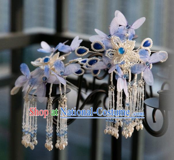 Chinese Traditional Ming Dynasty Hair Accessories Ancient Princess Blue Butterfly Pearls Tassel Hairpin