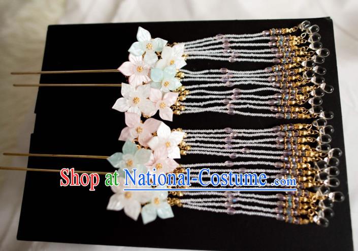 Chinese Ancient Princess Beads Tassel Hair Stick Traditional Ming Dynasty Palace Lady Shell Flowers Hairpin