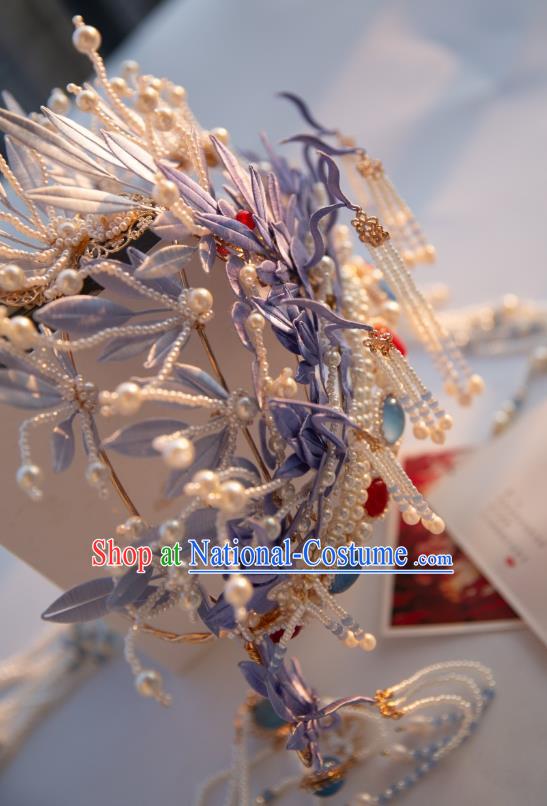 Chinese Traditional Song Dynasty Court Pearls Tassel Hair Accessories Ancient Imperial Concubine Lilac Silk Flowers Hair Crown