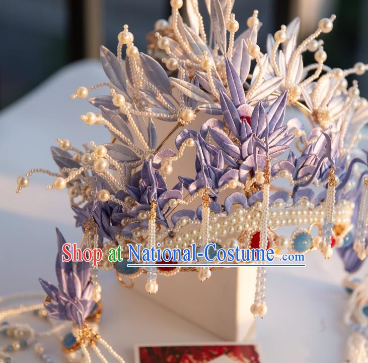 Chinese Traditional Song Dynasty Court Pearls Tassel Hair Accessories Ancient Imperial Concubine Lilac Silk Flowers Hair Crown