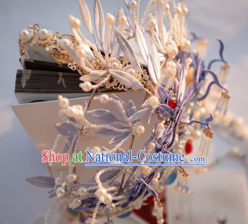 Chinese Traditional Song Dynasty Court Pearls Tassel Hair Accessories Ancient Imperial Concubine Lilac Silk Flowers Hair Crown