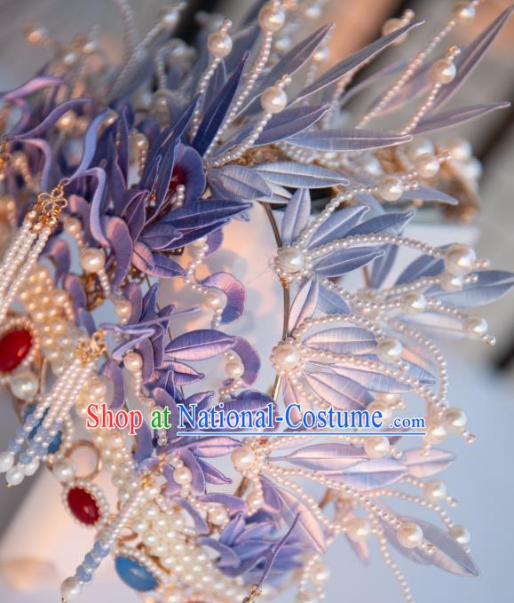 Chinese Traditional Song Dynasty Court Pearls Tassel Hair Accessories Ancient Imperial Concubine Lilac Silk Flowers Hair Crown