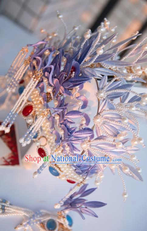 Chinese Traditional Song Dynasty Court Pearls Tassel Hair Accessories Ancient Imperial Concubine Lilac Silk Flowers Hair Crown