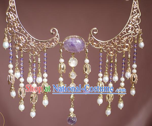 Chinese Traditional Ming Dynasty Pearls Tassel Necklace Accessories Ancient Princess Amethyst Necklet