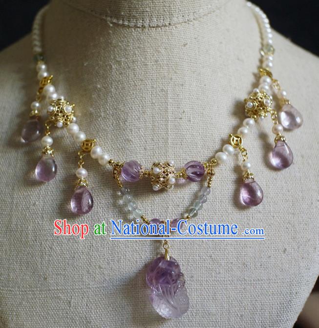 Chinese Traditional Hanfu Pearls Necklace Jewelry Ancient Ming Dynasty Princess Amethyst Necklet