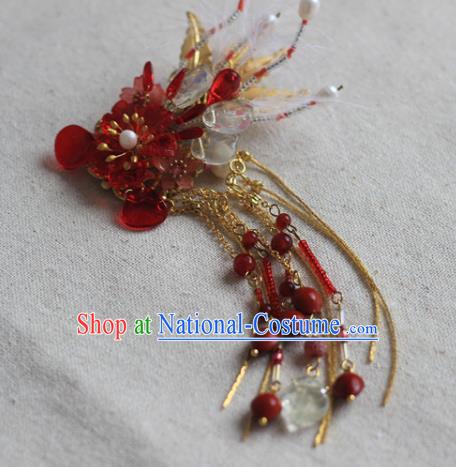 Chinese Ancient Young Beauty Beads Phoenix Hairpin Traditional Ming Dynasty Red Flowers Hair Claw