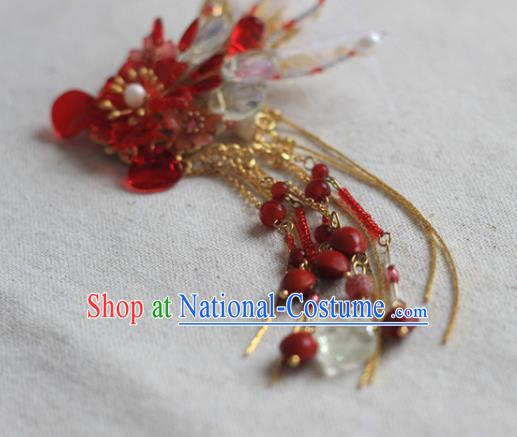 Chinese Ancient Young Beauty Beads Phoenix Hairpin Traditional Ming Dynasty Red Flowers Hair Claw