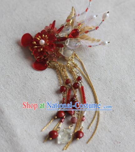 Chinese Ancient Young Beauty Beads Phoenix Hairpin Traditional Ming Dynasty Red Flowers Hair Claw