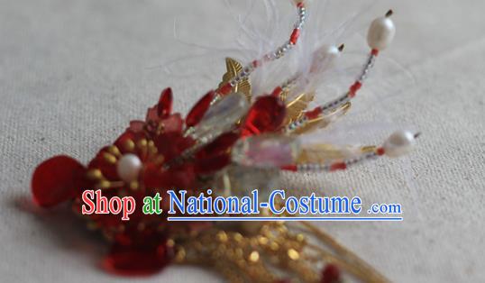 Chinese Ancient Young Beauty Beads Phoenix Hairpin Traditional Ming Dynasty Red Flowers Hair Claw