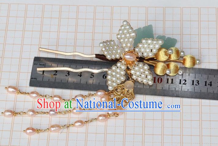 Chinese Ancient Palace Lady Peach Blossom Hairpin Traditional Ming Dynasty Princess Pearls Tassel Hair Stick