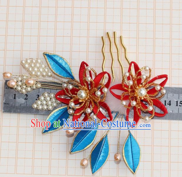 Chinese Ancient Princess Pearls Hairpin Traditional Ming Dynasty Red Silk Lily Flowers Hair Comb