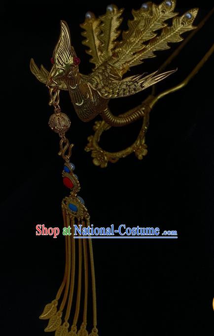 Chinese Ancient Queen Tassel Hair Stick Traditional Ming Dynasty Empress Golden Phoenix Hairpin