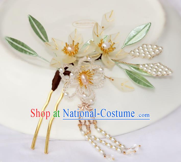 Chinese Ancient Court Woman Pear Blossom Hairpin Traditional Ming Dynasty Pearls Tassel Hair Stick