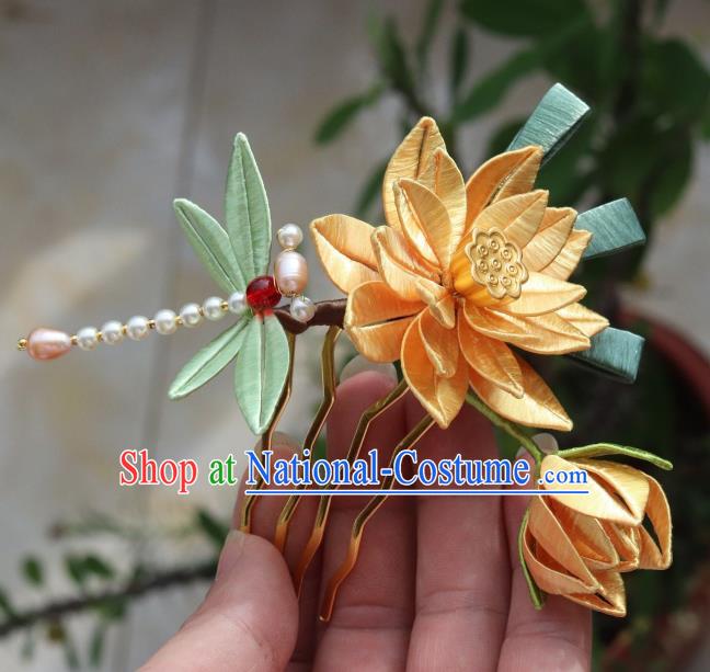 Chinese Hair Accessories Ancient Princess Yellow Silk Lotus Hair Comb Handmade Pearls Dragonfly Hairpin