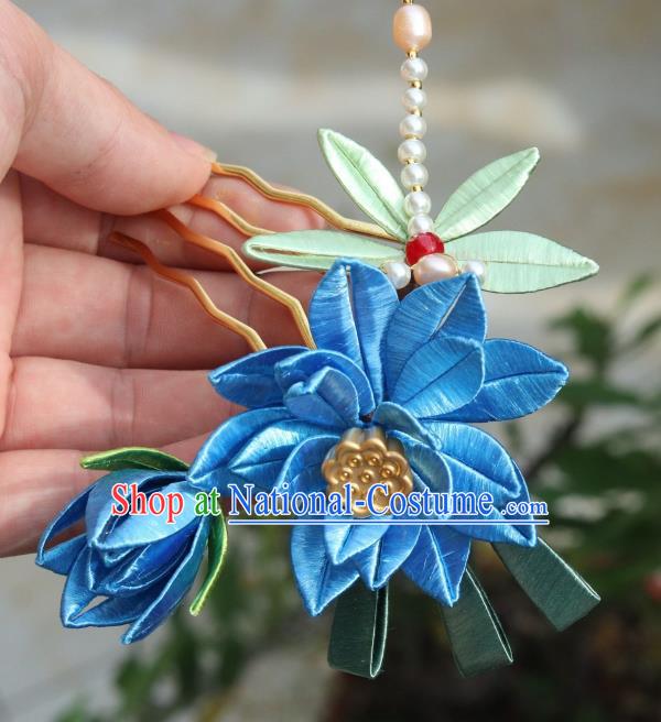 Chinese Ancient Princess Blue Silk Lotus Hair Comb Handmade Pearls Dragonfly Hairpin Hair Accessories