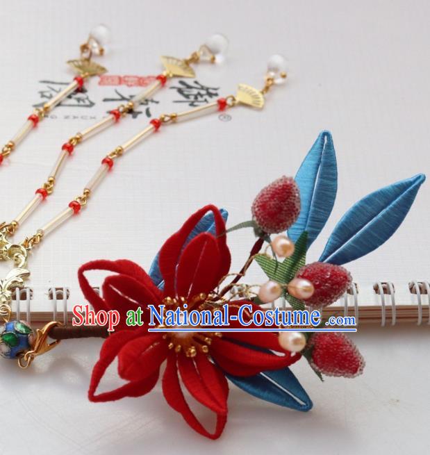 Chinese Handmade Long Tassel Hair Stick Ancient Ming Dynasty Princess Strawberry Flower Hair Claw