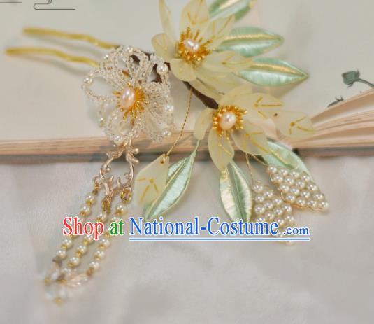 Chinese Handmade Beads Flowers Hair Stick Ancient Ming Dynasty Princess Pearls Tassel Hairpin