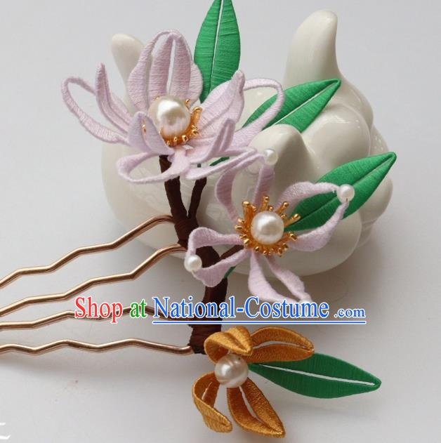 Chinese Handmade Pearls Hair Stick Ancient Ming Dynasty Princess Silk Orchids Hair Comb