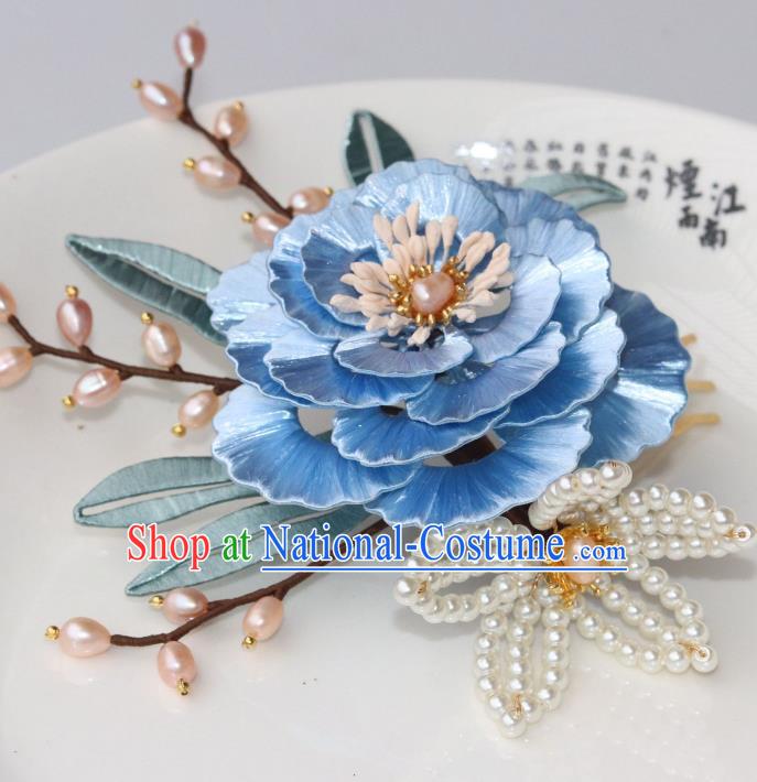 Chinese Traditional Ming Dynasty Princess Blue Peony Hair Comb Ancient Noble Woman Hairpin