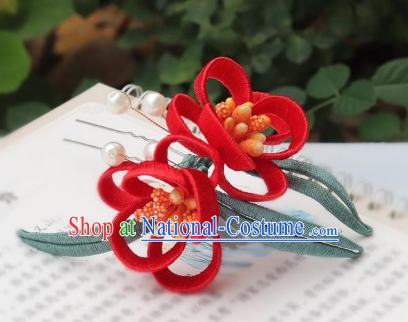 Chinese Handmade Hanfu Hair Stick Ancient Ming Dynasty Princess Red Flowers Hairpin