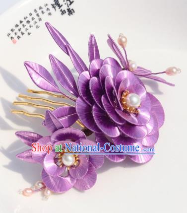 Chinese Traditional Hanfu Pearls Hair Comb Ancient Princess Lilac Camellia Hairpin