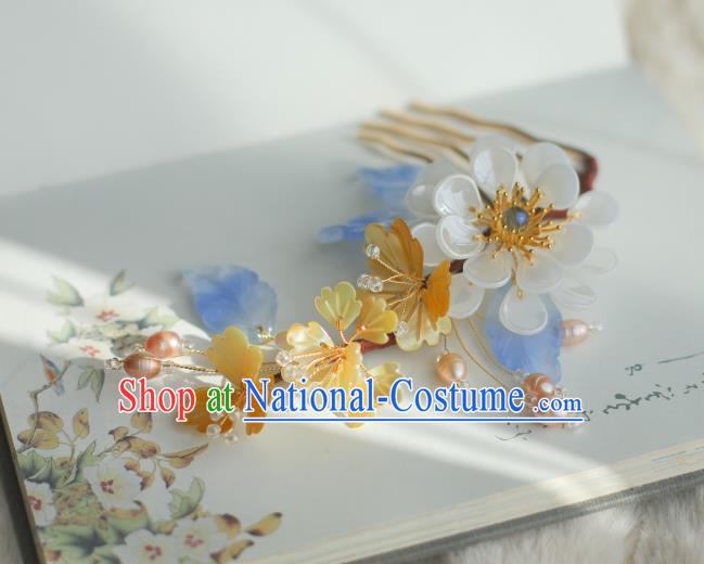 Chinese Handmade Classical White Flower Hair Comb Ancient Ming Dynasty Princess Shell Pearls Hairpin