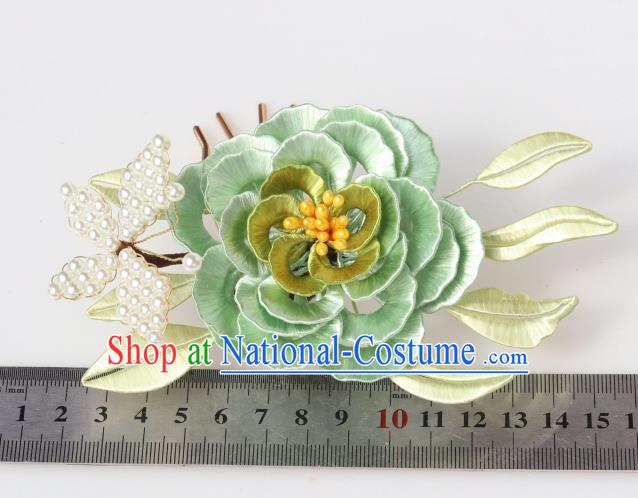 Chinese Ancient Princess Green Silk Camellia Hairpin Traditional Hanfu Pearls Butterfly Hair Comb