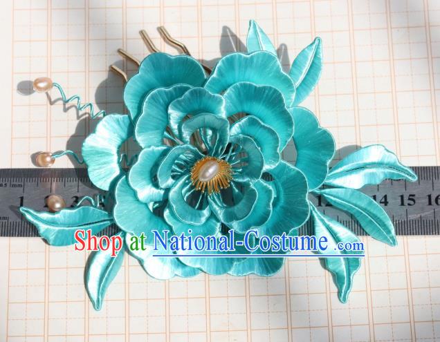 Chinese Ancient Court Princess Hairpin Traditional Ming Dynasty Blue Silk Peony Hair Comb Headpiece