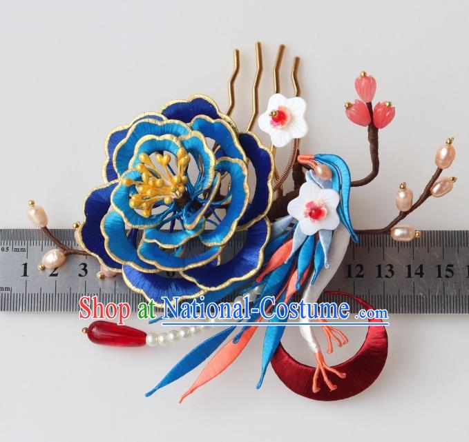 Chinese Ancient Palace Lady Plum Hair Stick Traditional Ming Dynasty Royalblue Silk Peony Hair Comb