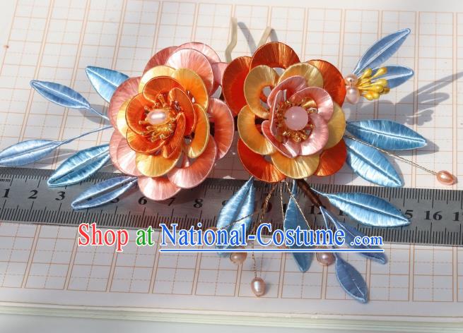 Chinese Traditional Song Dynasty Orange Silk Camellia Hair Comb Headwear Ancient Palace Princess Hairpin