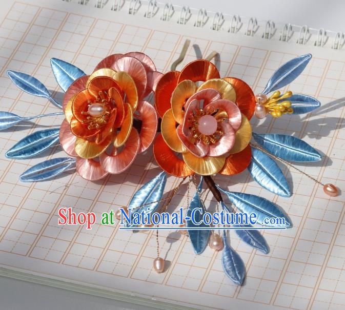 Chinese Traditional Song Dynasty Orange Silk Camellia Hair Comb Headwear Ancient Palace Princess Hairpin