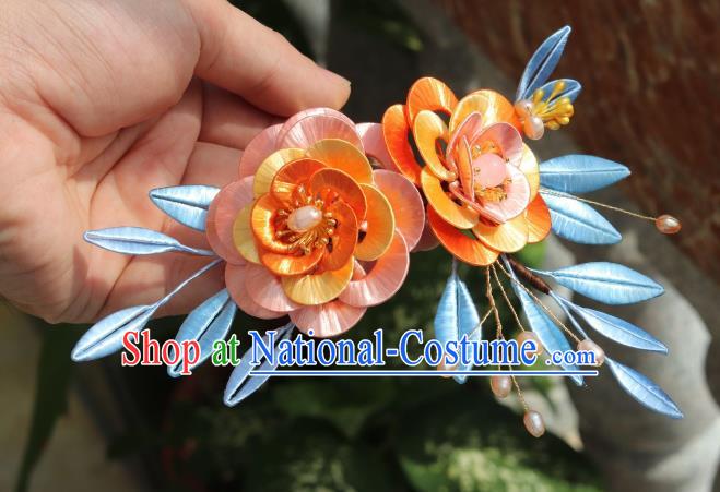 Chinese Traditional Song Dynasty Orange Silk Camellia Hair Comb Headwear Ancient Palace Princess Hairpin