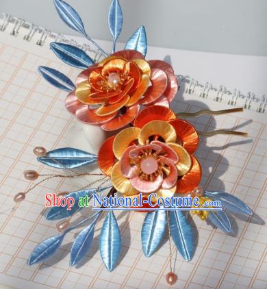 Chinese Traditional Song Dynasty Orange Silk Camellia Hair Comb Headwear Ancient Palace Princess Hairpin