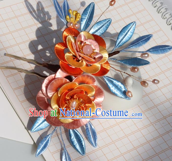 Chinese Traditional Song Dynasty Orange Silk Camellia Hair Comb Headwear Ancient Palace Princess Hairpin