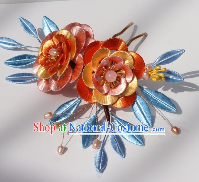 Chinese Traditional Song Dynasty Orange Silk Camellia Hair Comb Headwear Ancient Palace Princess Hairpin