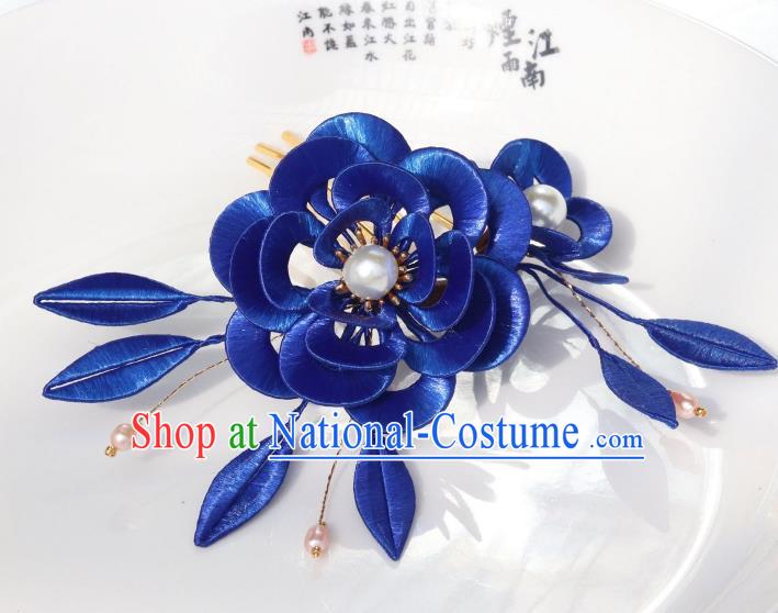 Chinese Ancient Princess Royalblue Silk Peony Hairpin Traditional Ming Dynasty Court Woman Hair Comb