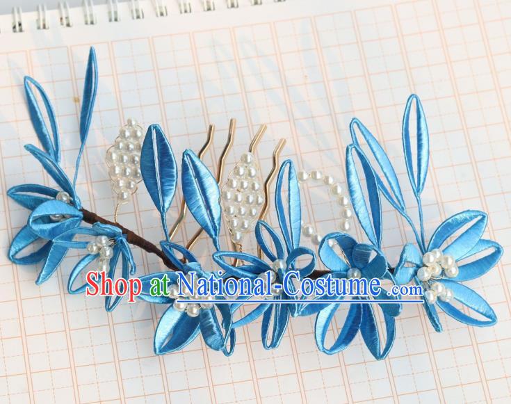 Chinese Handmade Blue Silk Lily Flowers Hair Comb Ancient Ming Dynasty Empress Hair Accessories