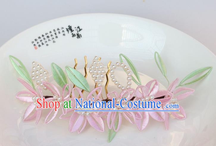 Chinese Handmade Ancient Empress Pink Silk Flowers Hair Comb Ancient Ming Dynasty Princess Hair Stick