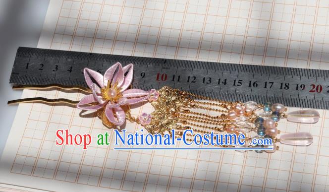 Chinese Ancient Infanta Pink Peach Blossom Hairpin Handmade Ming Dynasty Princess Tassel Hair Stick